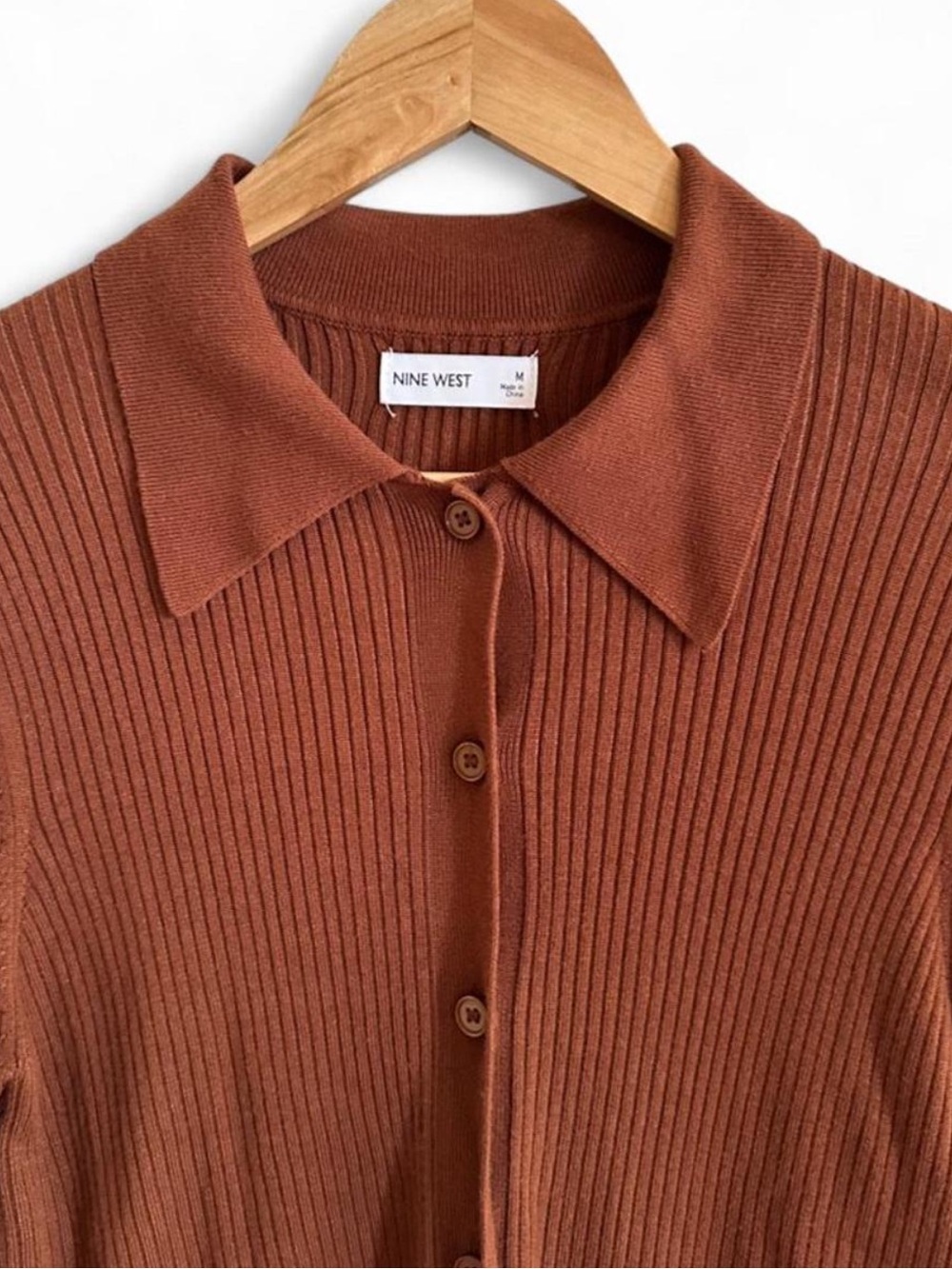 Nine West M Brown Ribbed Knit Collared Cardigan Top 90s Minimalist Y2K Neutral - Picture 4 of 8